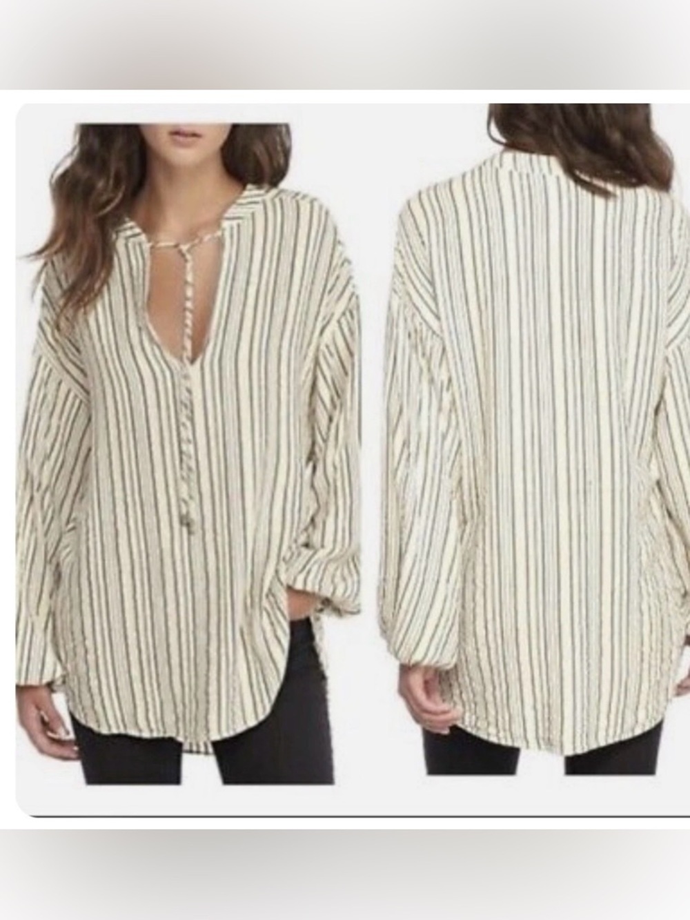 Free People Rhythm of the Night Medium Cream/ Gray Striped Tunic Blouse
